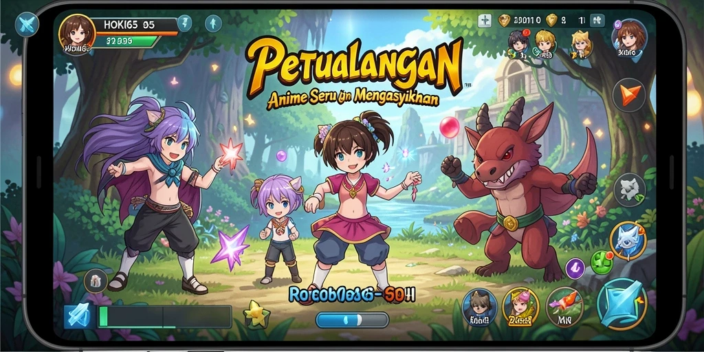 Tampilan gameplay seru dari HOKI65 dengan karakter anime berwarna-warni.