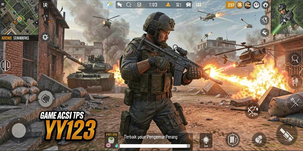 Tampilan menegangkan dari pertempuran dalam game TPS YY123.